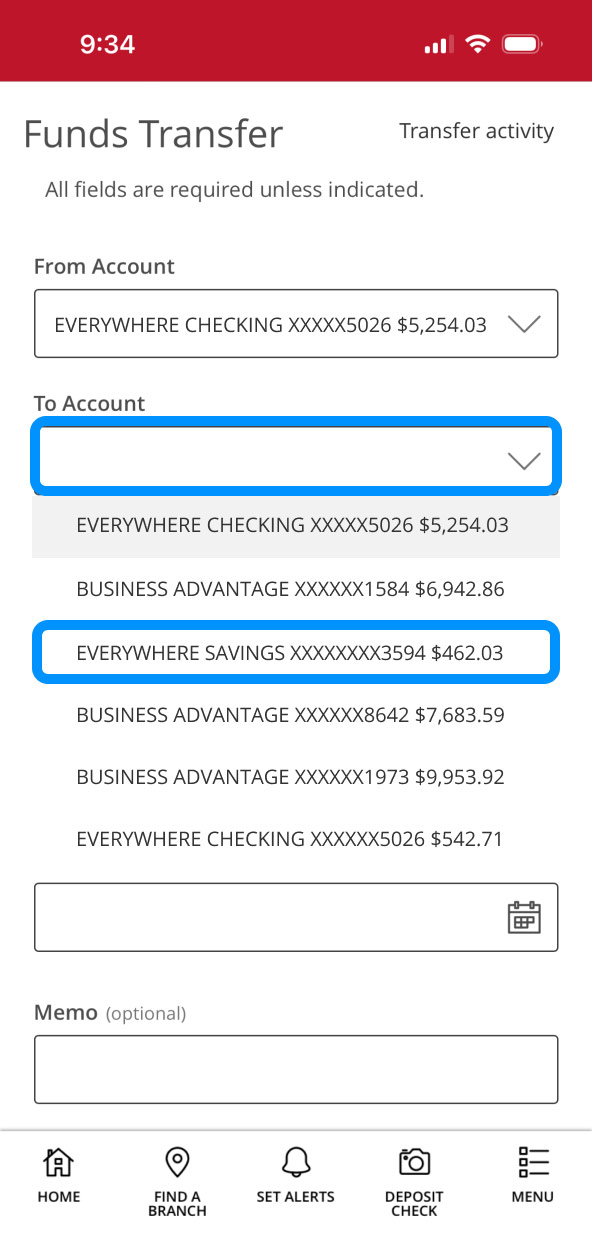 First Bank Online Banking screen highlighting the To Account field and associated dropdown.