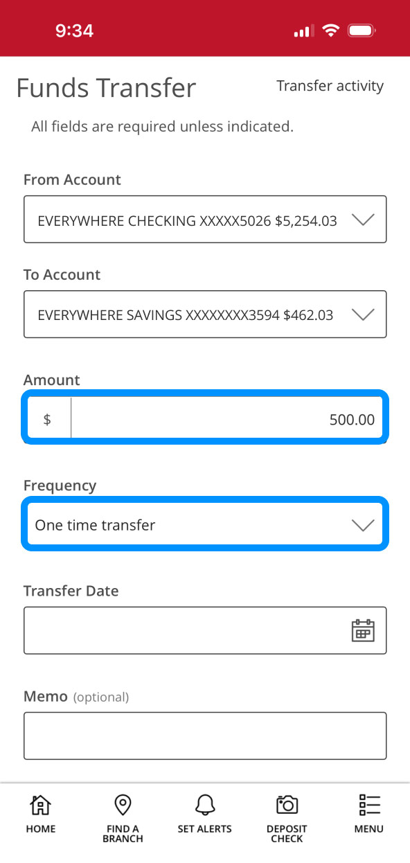 First Bank Online Banking screen highlighting the Amount field.