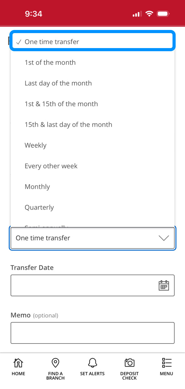 First Bank Online Banking screen highlighting the frequency field and showing its options.