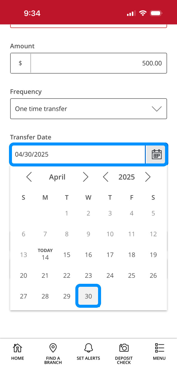First Bank Online Banking screen showing the date selector.