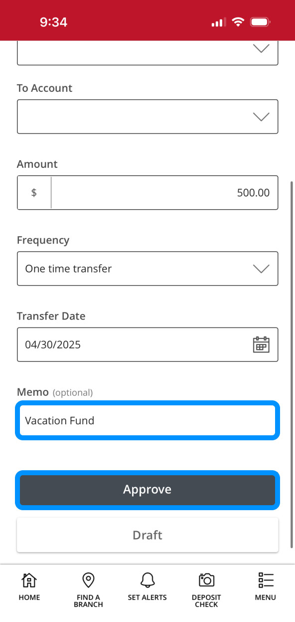 First Bank Online Banking screen highlighting the Memo field and Approve button.