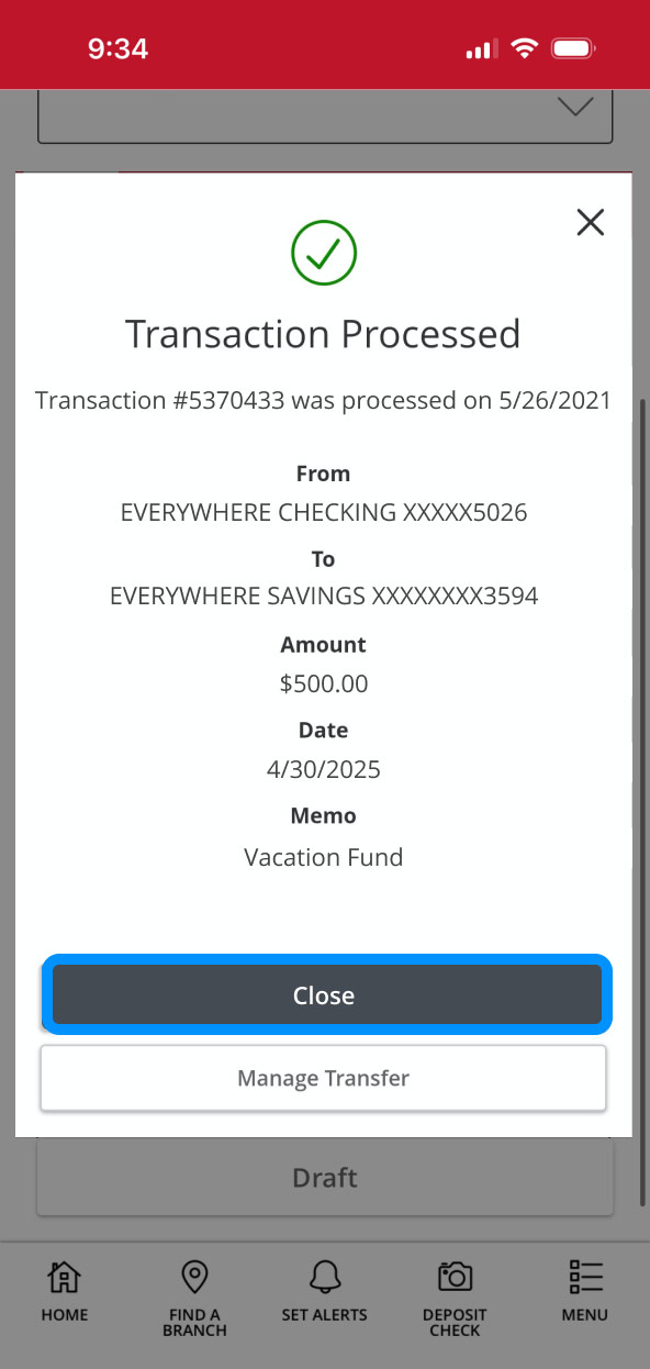 First Bank Online Banking screen showing the Transaction Processed screen and highlighting the Continue button.