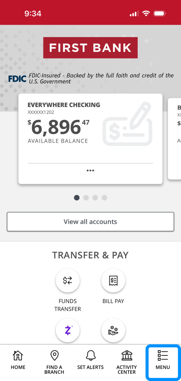 First Bank online banking screen highlighting the Menu button.