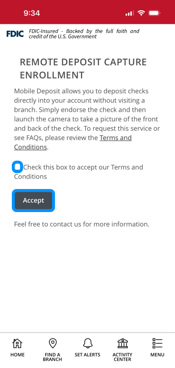 First Bank online banking screen showing the Remote Deposit Capture agreement.