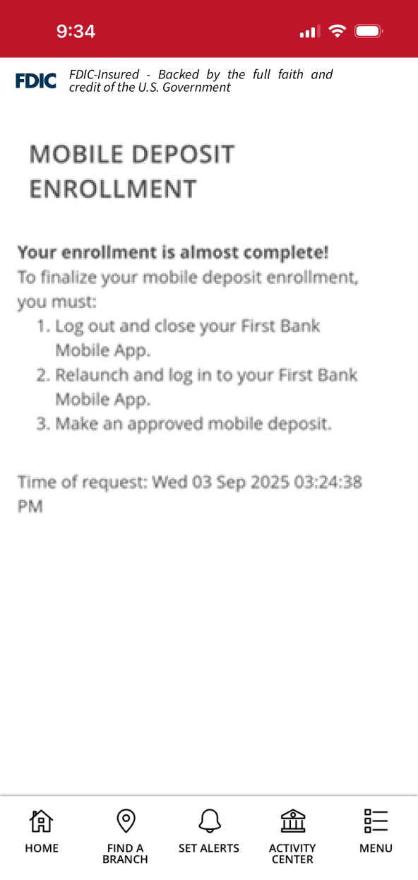 First Bank online banking screen showing Remote Deposit Enrollment notice.