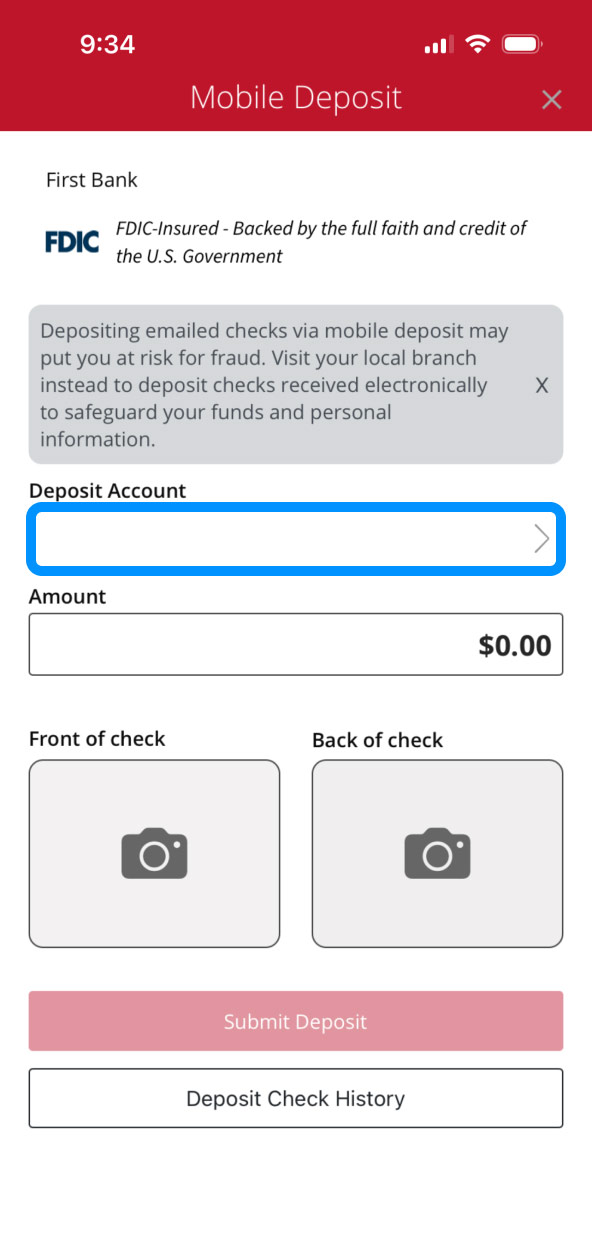 First Bank online banking screen highlighting the Deposit Account input field.