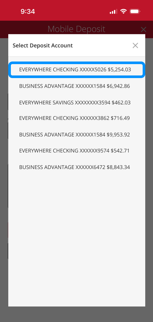 First Bank online banking screen highlighting the deposit account to use.