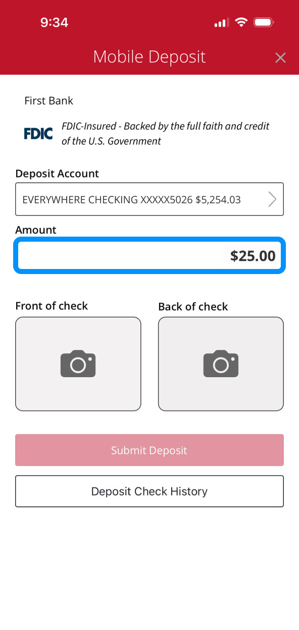 First Bank online banking screen highlighting the Amount input field.