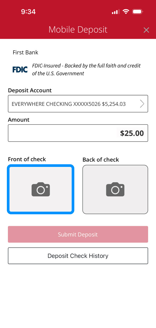 First Bank online banking screen highlighting the Front of Check button.