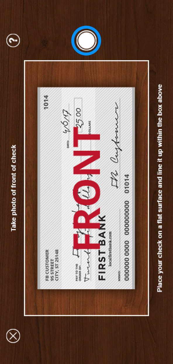 First Bank online banking screen showing the camera capturing the front of a check.