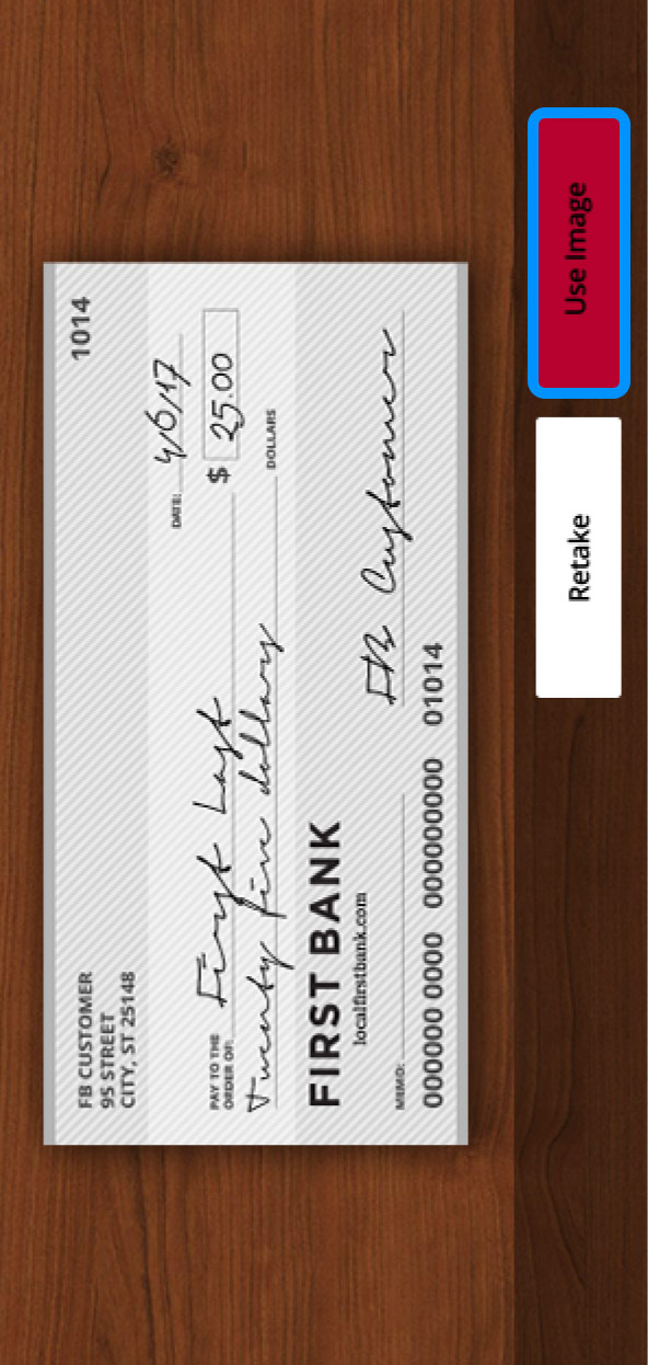 First Bank online banking screen highlighting the Use Image button when capturing a check.