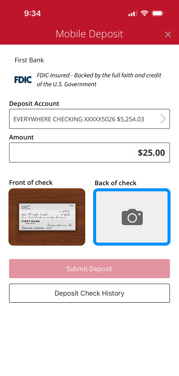 First Bank online banking screen highlighting the Back of Check button.