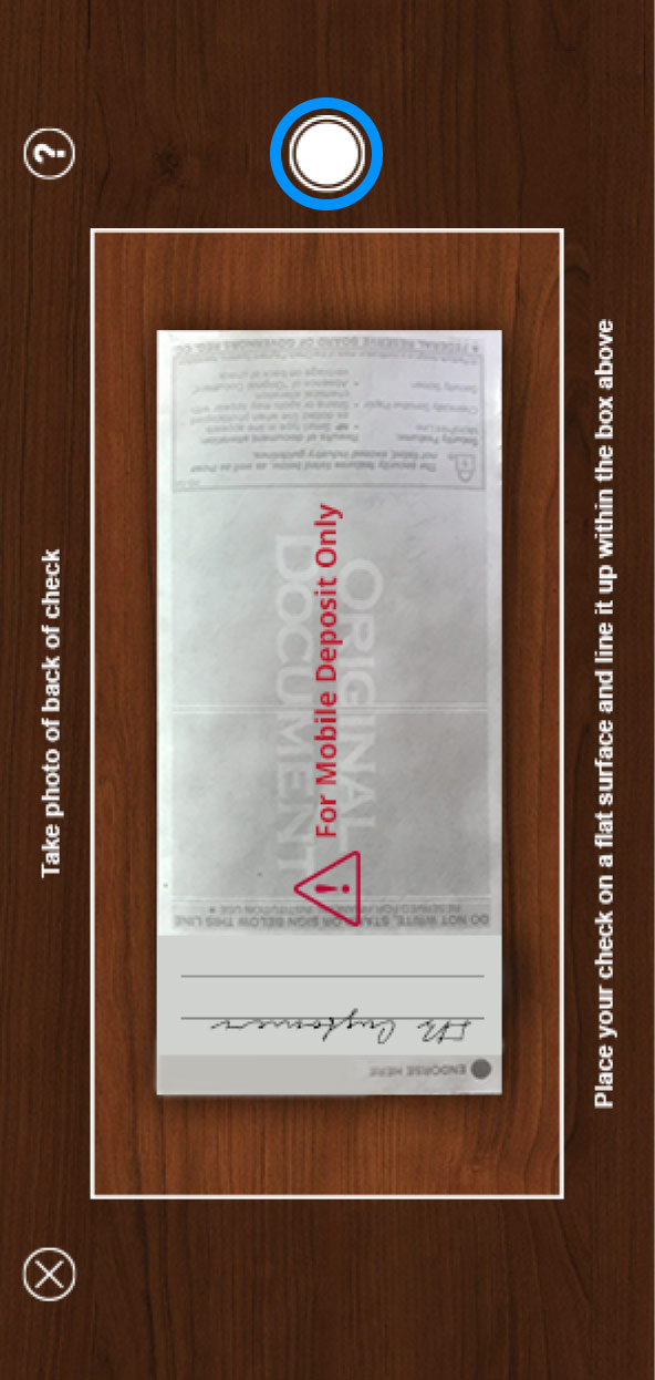 First Bank online banking screen showing the camera capturing the back of a check.
