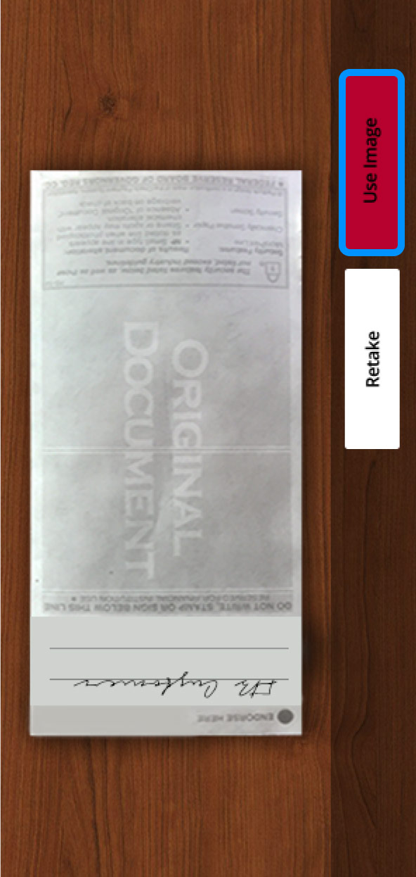 First Bank online banking screen highlighting the Use Image button for the back of a check.