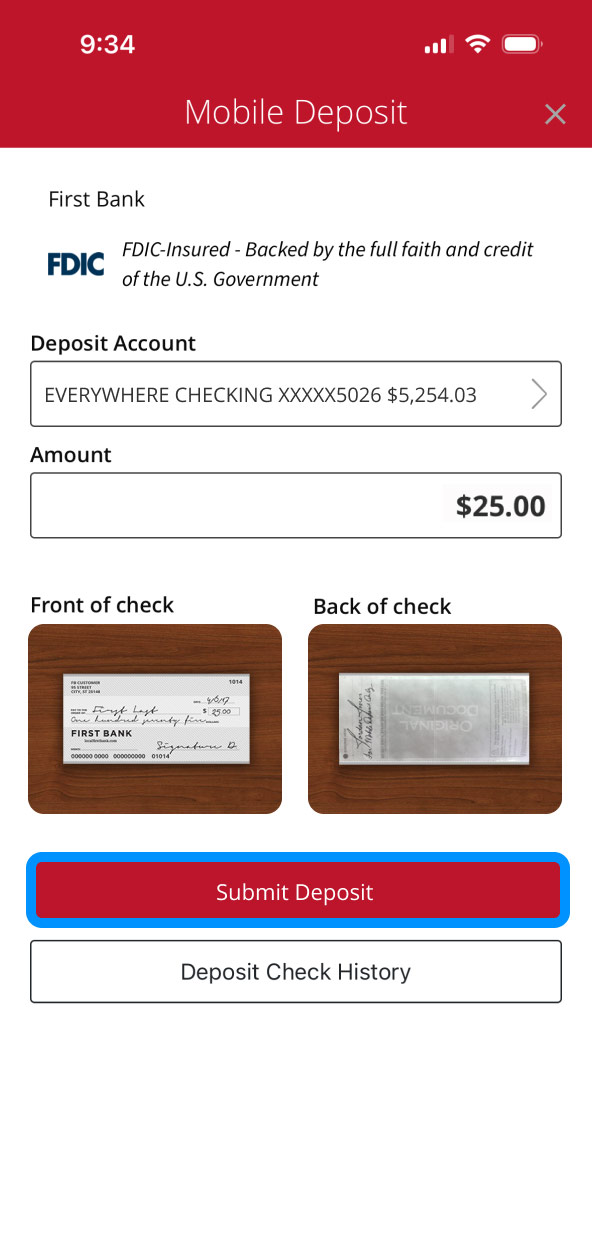 First Bank online banking screen highlighting the Submit Deposit button.