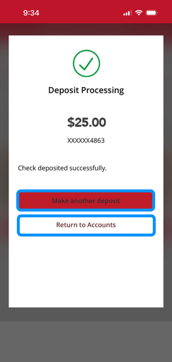 First Bank online banking screen highlighting the Make Another Deposit and Return to Accounts buttons.