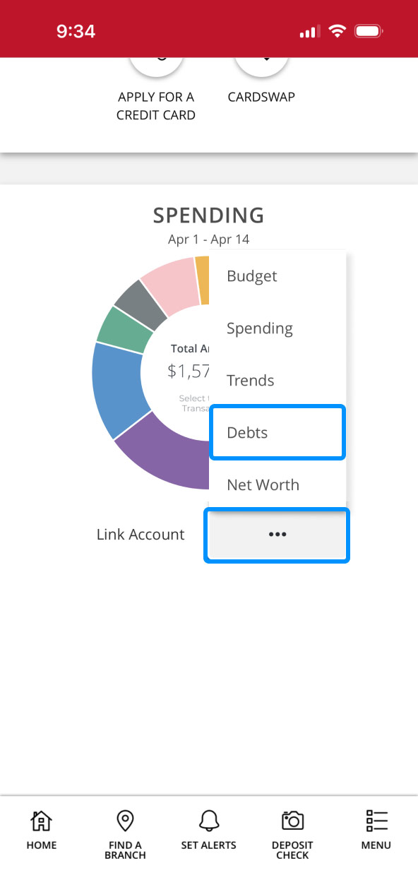 First Bank Online Banking screen showing the different Spending menu options.