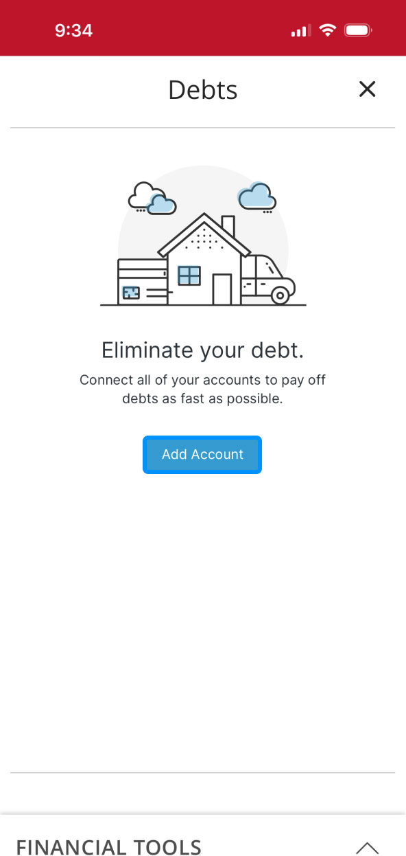 First Bank Online Banking screen showing the Debts linking screen.