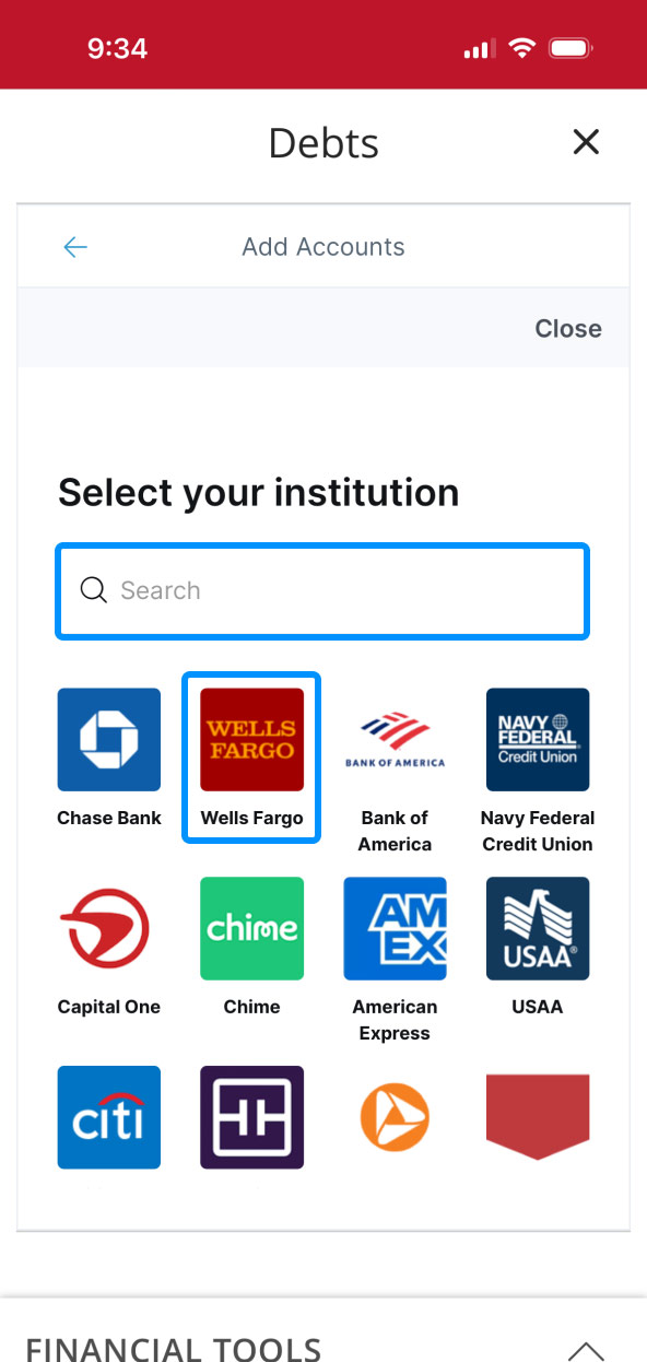 First Bank Online Banking screen showing the processing of selecting an external account to link.