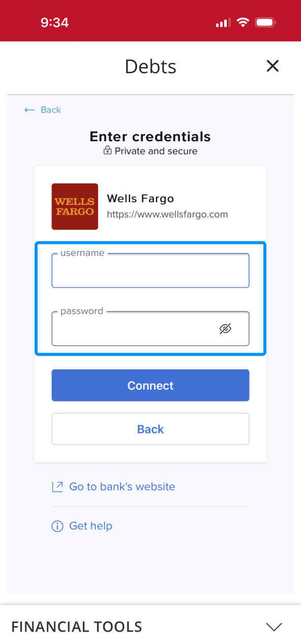First Bank Online Banking screen highlighting the location to enter external account credentials.