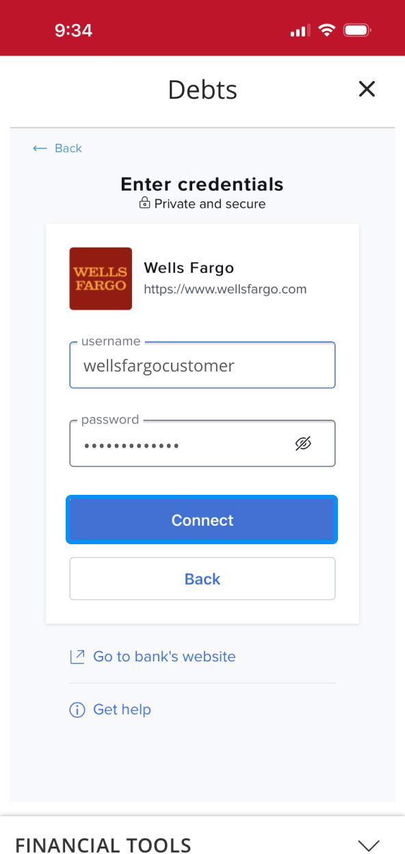 First Bank Online Banking screen showing external account credentials filled in and highlighting the Connect button.