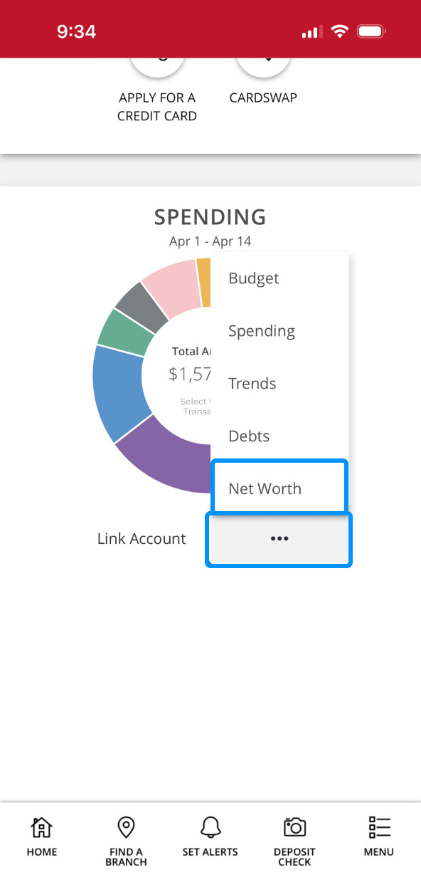 First Bank Online Banking screen showing the different Spending menu options.