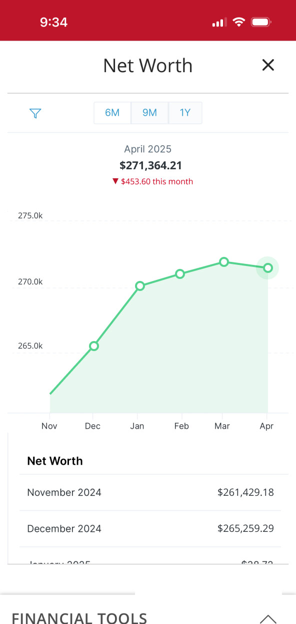First Bank Online Banking screen showing net worth graphs.