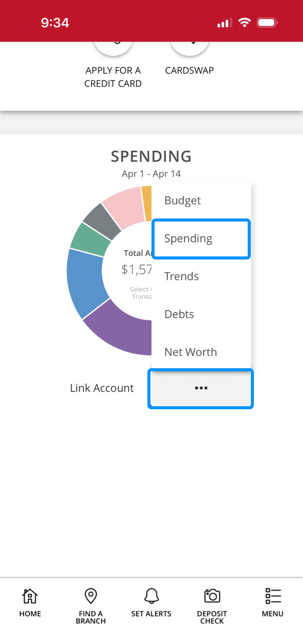First Bank Online Banking screen showing the different Spending menu options.