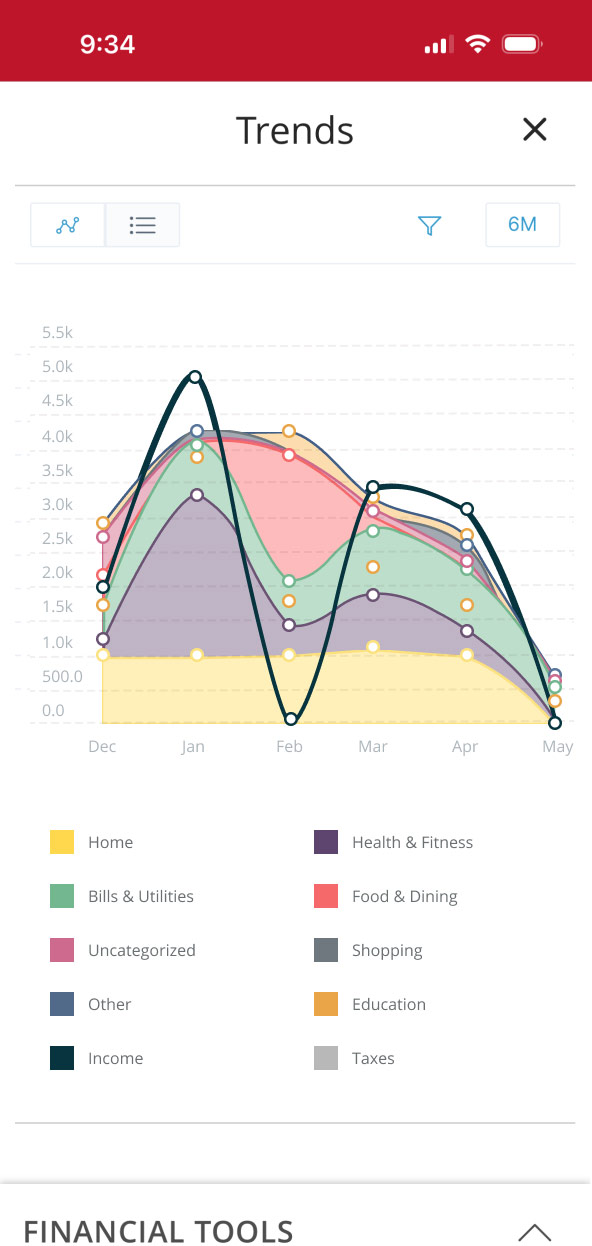 First Bank Online Banking screen showing a chart of different trends.