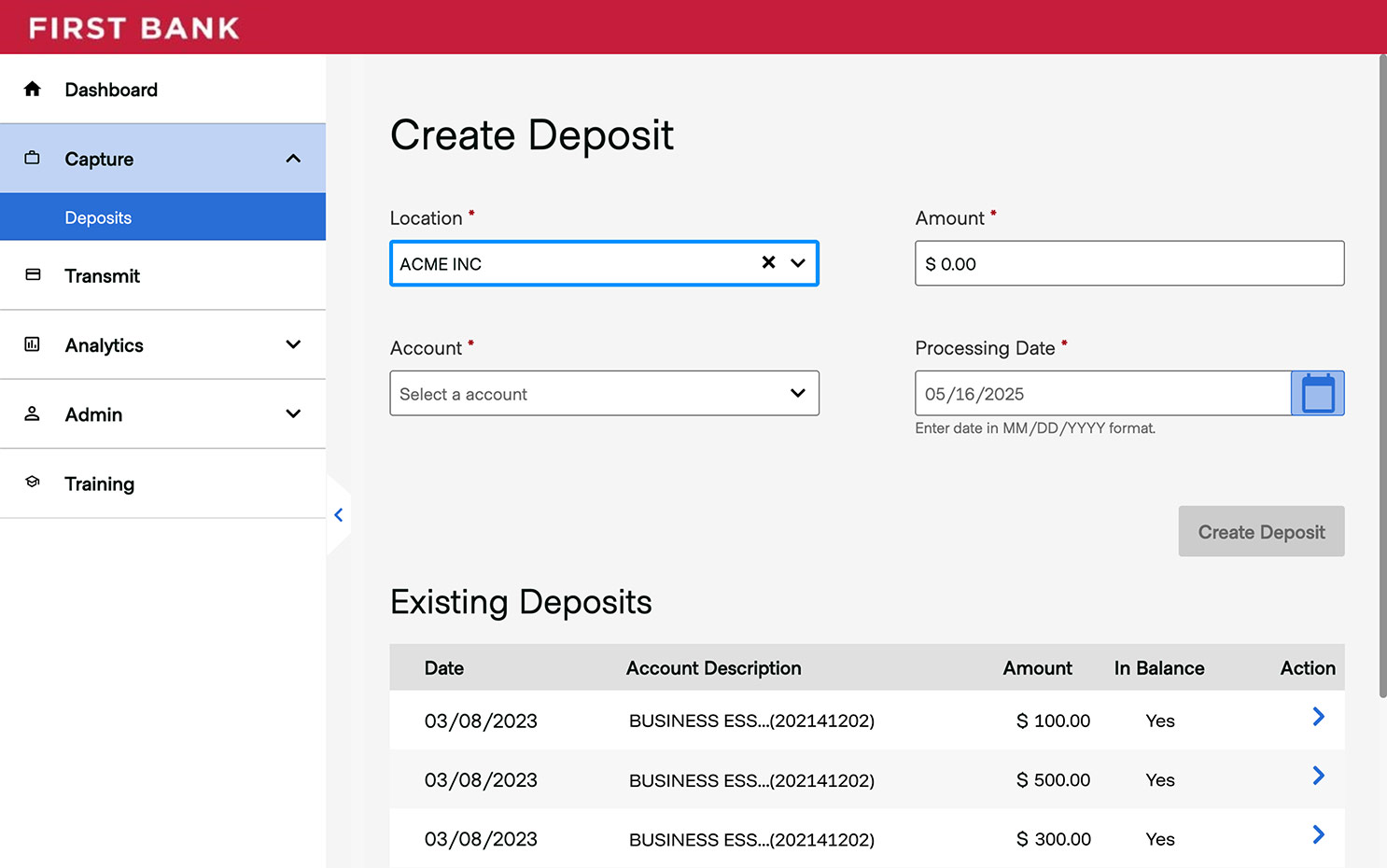 First Bank online banking screen highlighting the Location field.