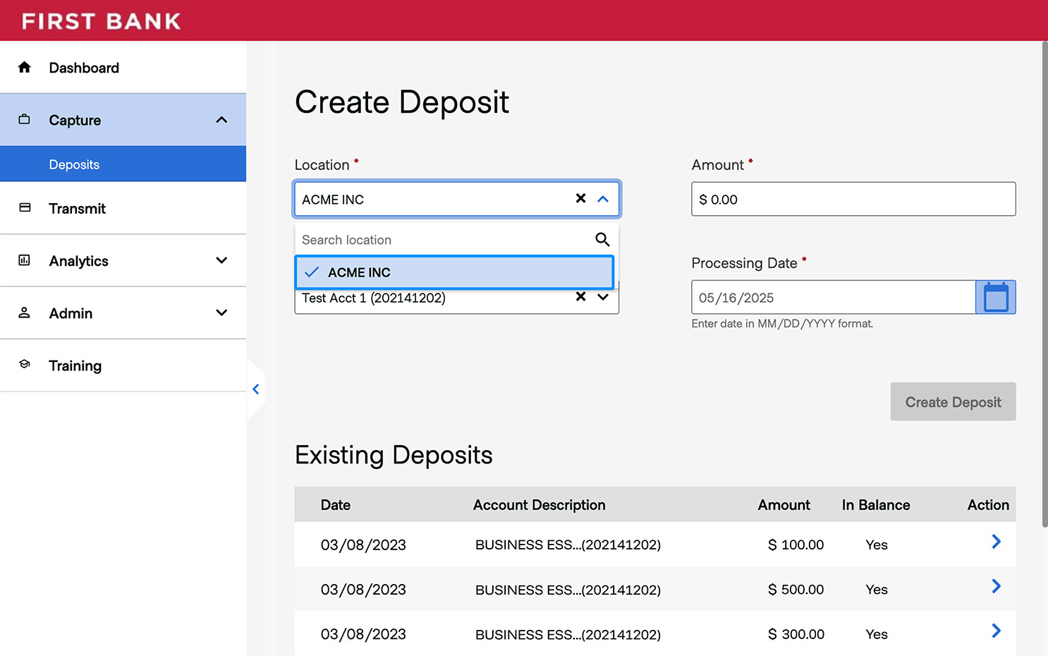First Bank online banking screen showing the Location field drop-down.