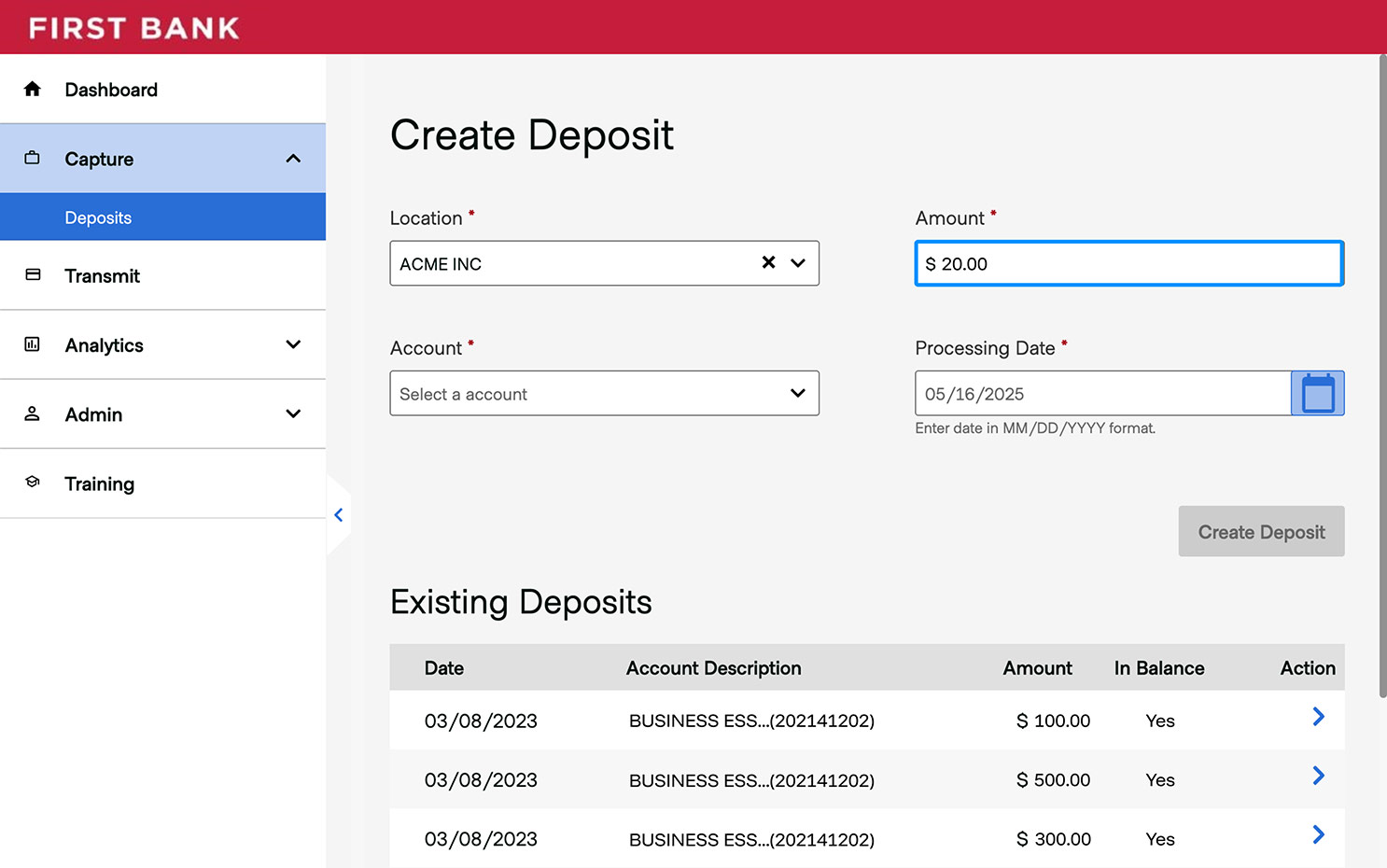 First Bank online banking screen highlighting the Amount field.
