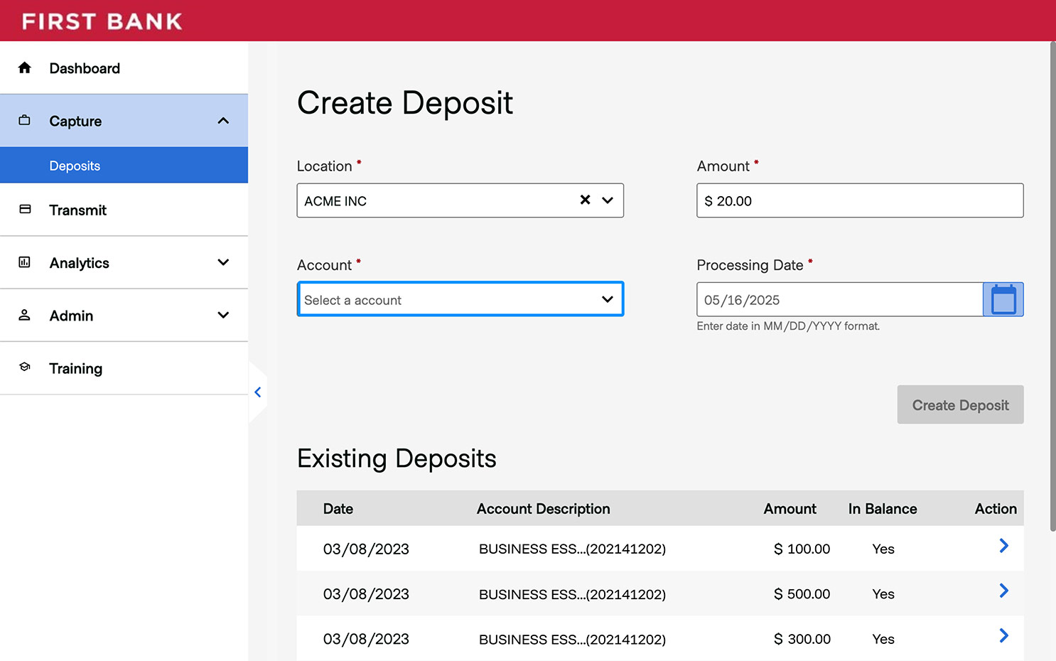 First Bank online banking screen highlighting the Account field.