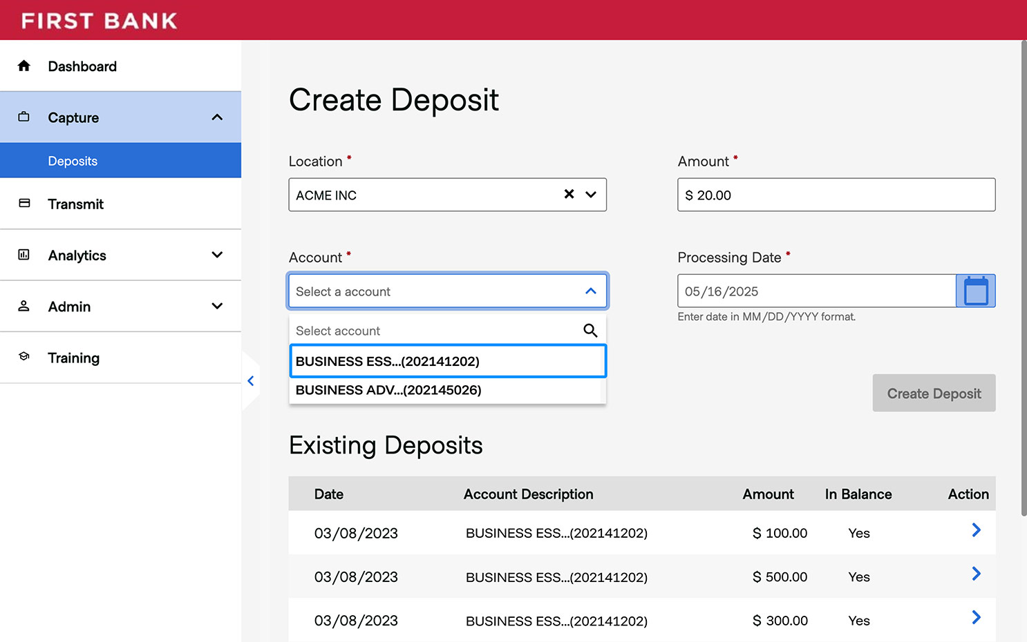 First Bank online banking screen showing the Account drop-down.