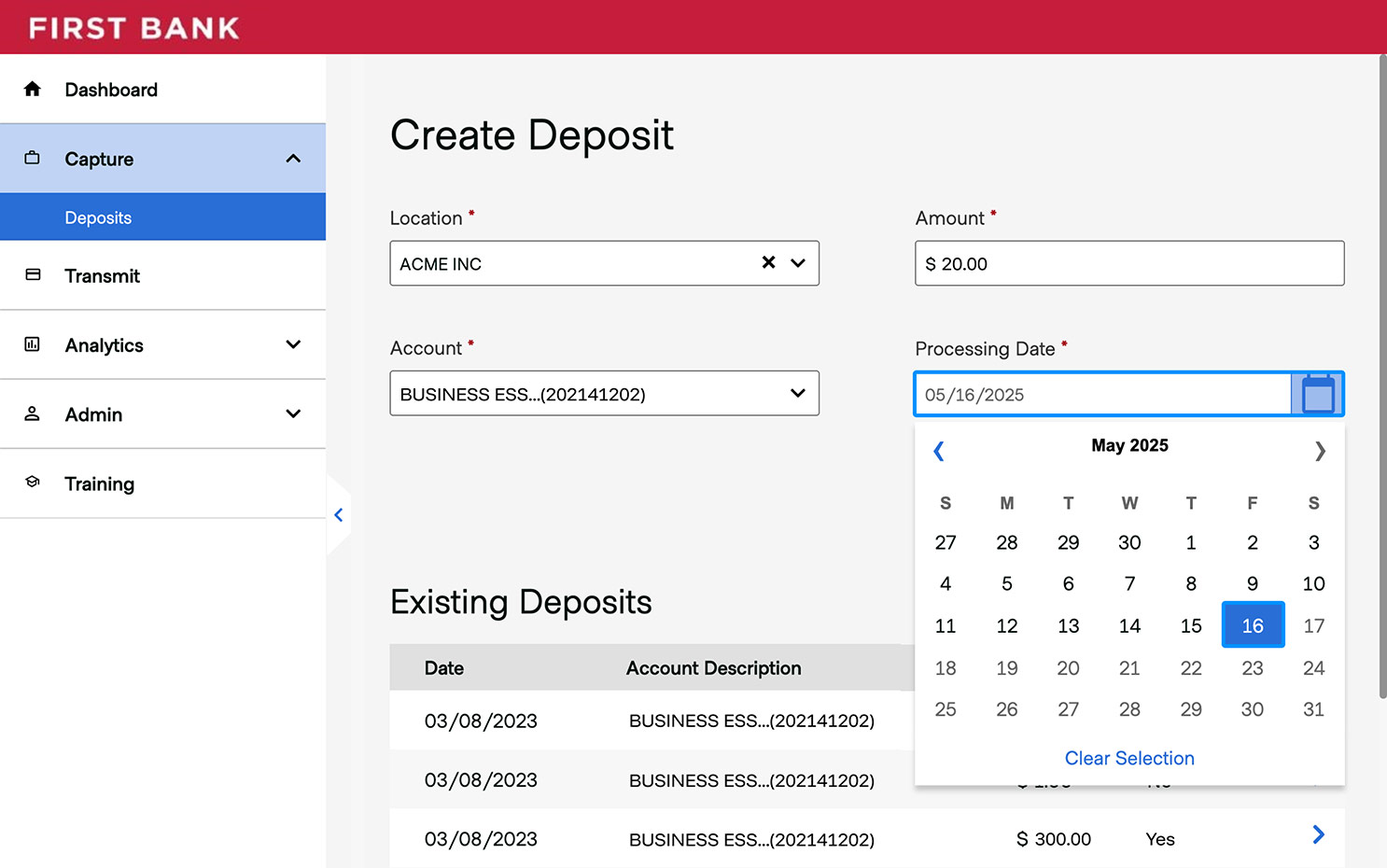 First Bank online banking screen highlighting the Processing Date system.