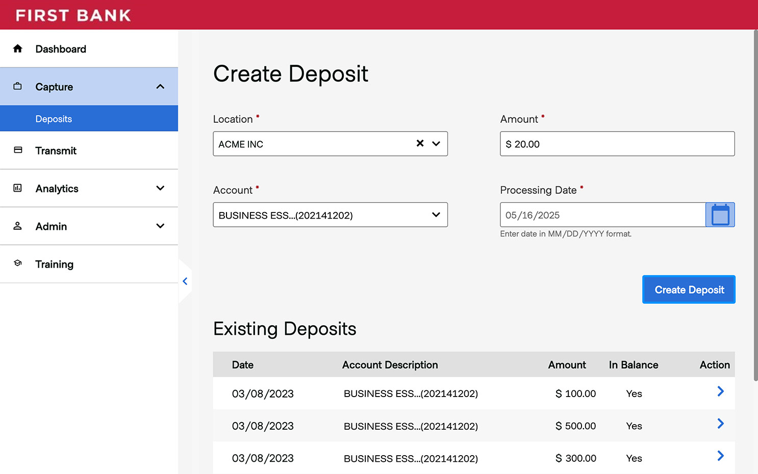 First Bank online banking screen highlighting the Create Deposit button.