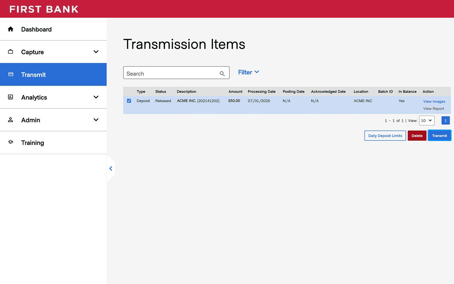 First Bank online banking screen showing Transmission Items screen.