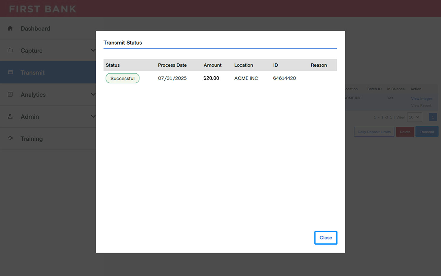 First Bank online banking screen showing Transmit Status popup.