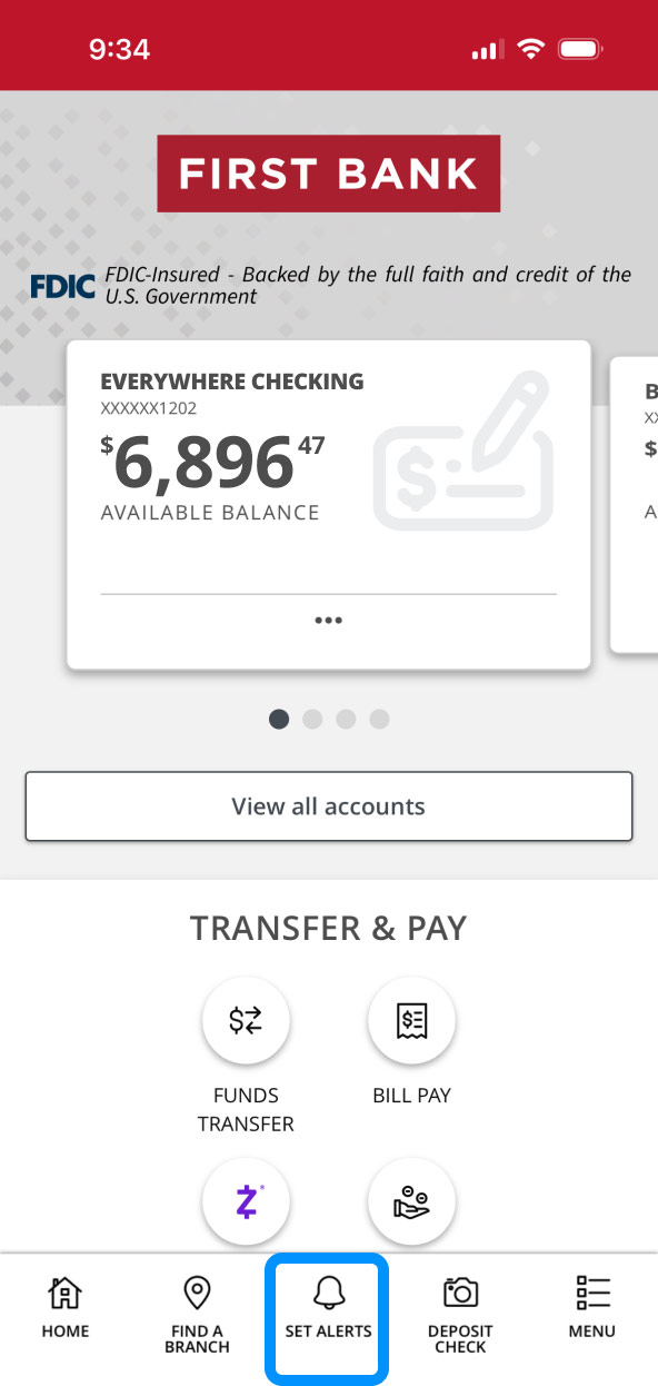 First Bank online banking screen highlighting the Set Alerts menu item.