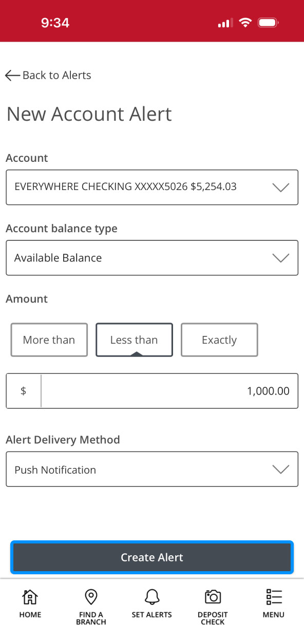 First Bank Online Banking screen highlighting the Create Alert button.