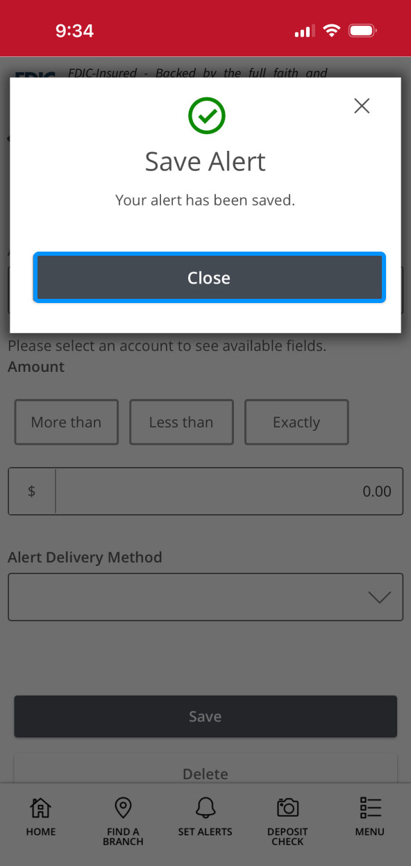 First Bank Online Banking screen showing the Save Alert popup and highlighting the Close button.