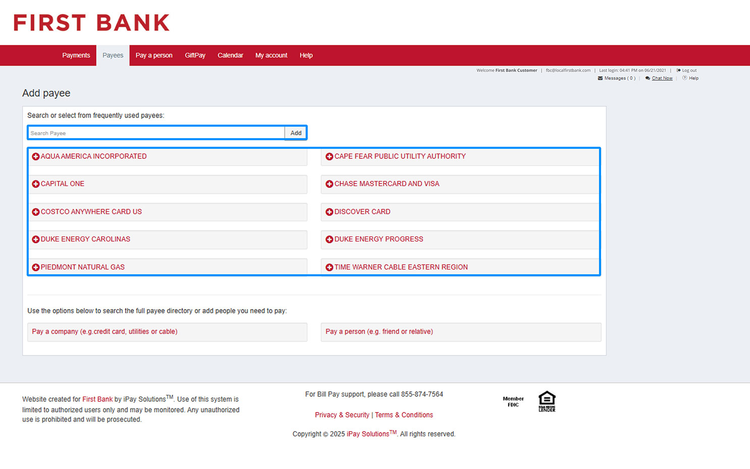 First Bank online banking screen highlighting the Add Payee fields and entities.