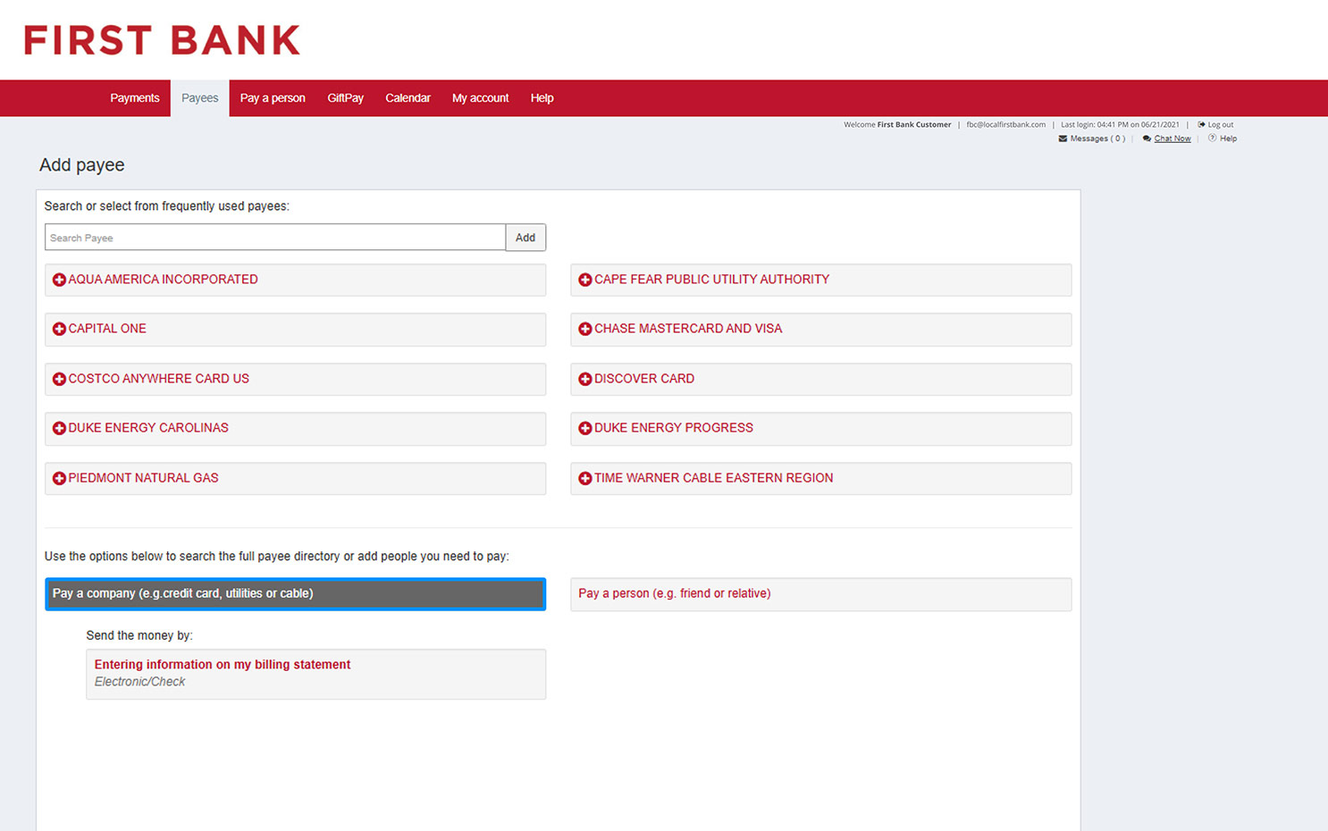 First Bank online banking screen highlighting the Paya Company button.
