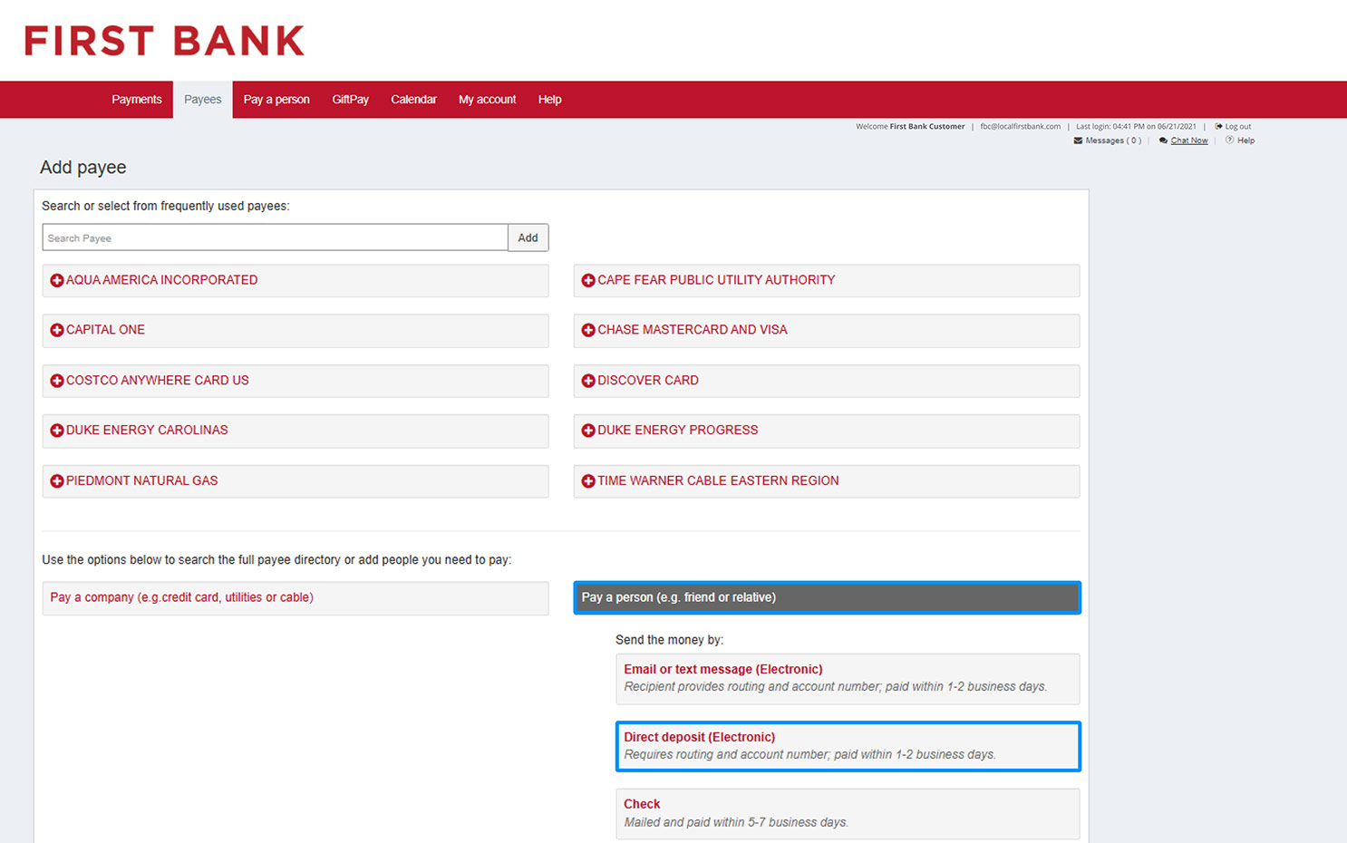 First Bank online banking screen highlighting the Pay a Person button and showing payment options.