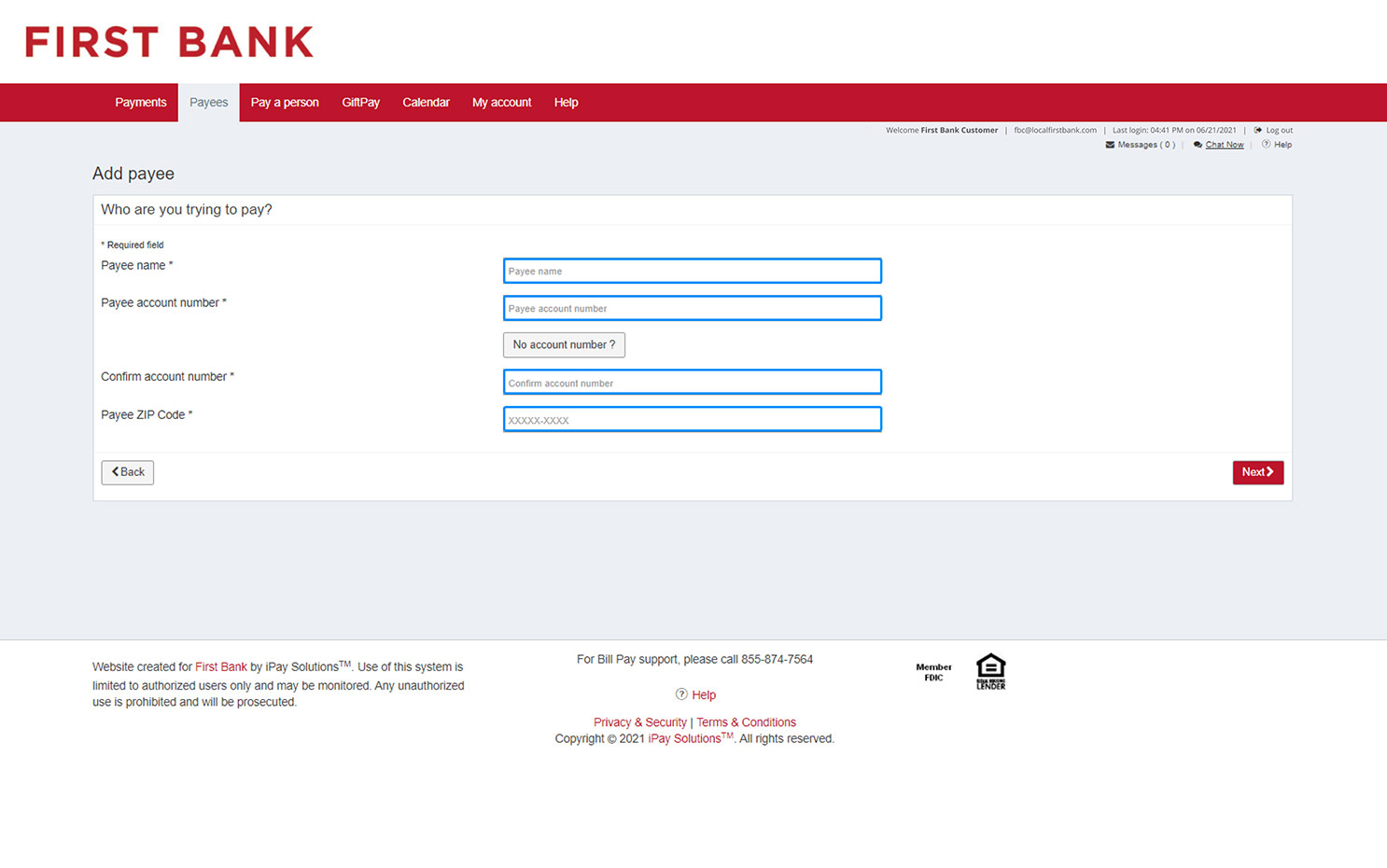 First Bank online banking screen highlighting the informational fields for paying a company.