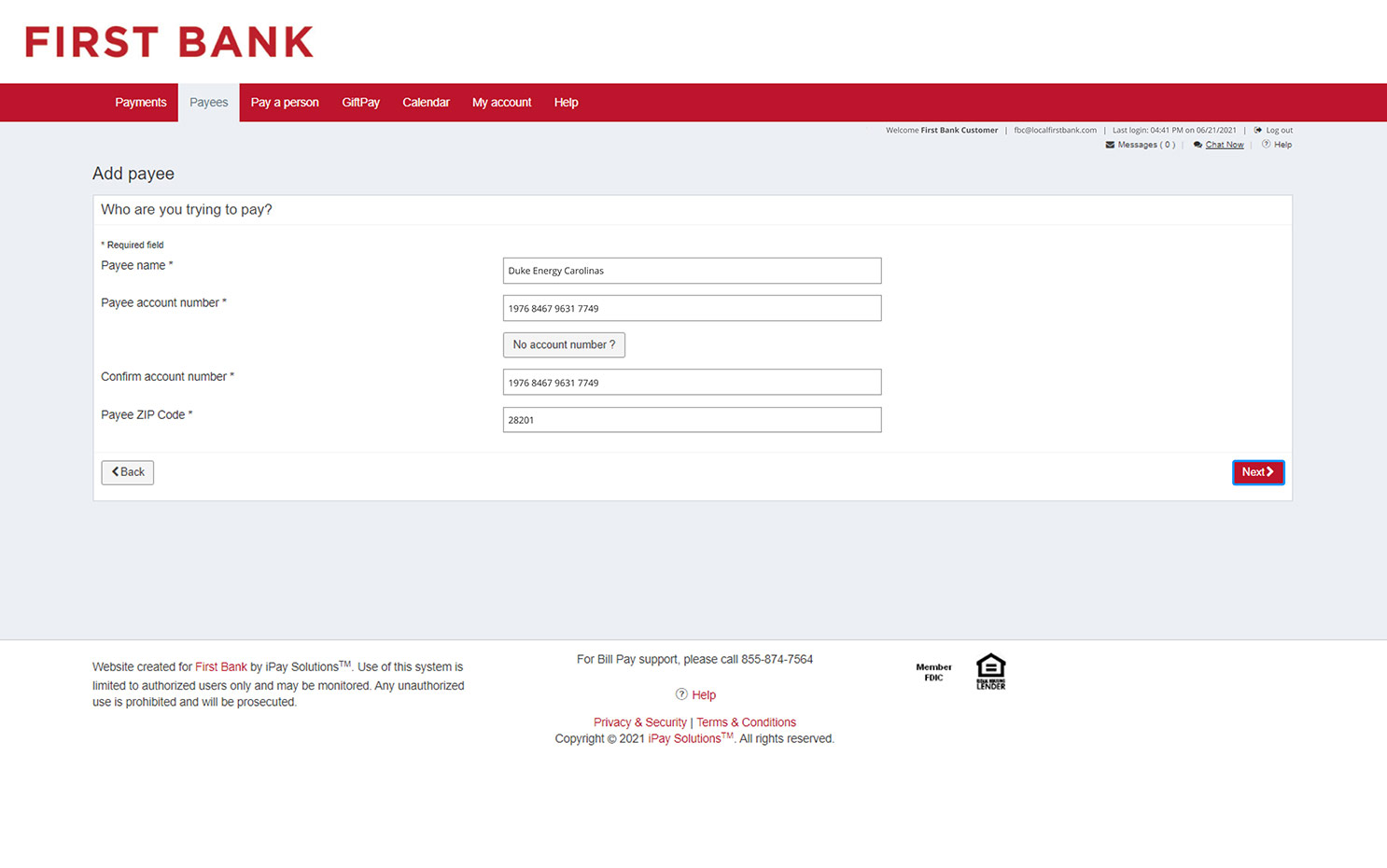 First Bank online banking screen showing all of the fields for adding a company other than pay filled out.