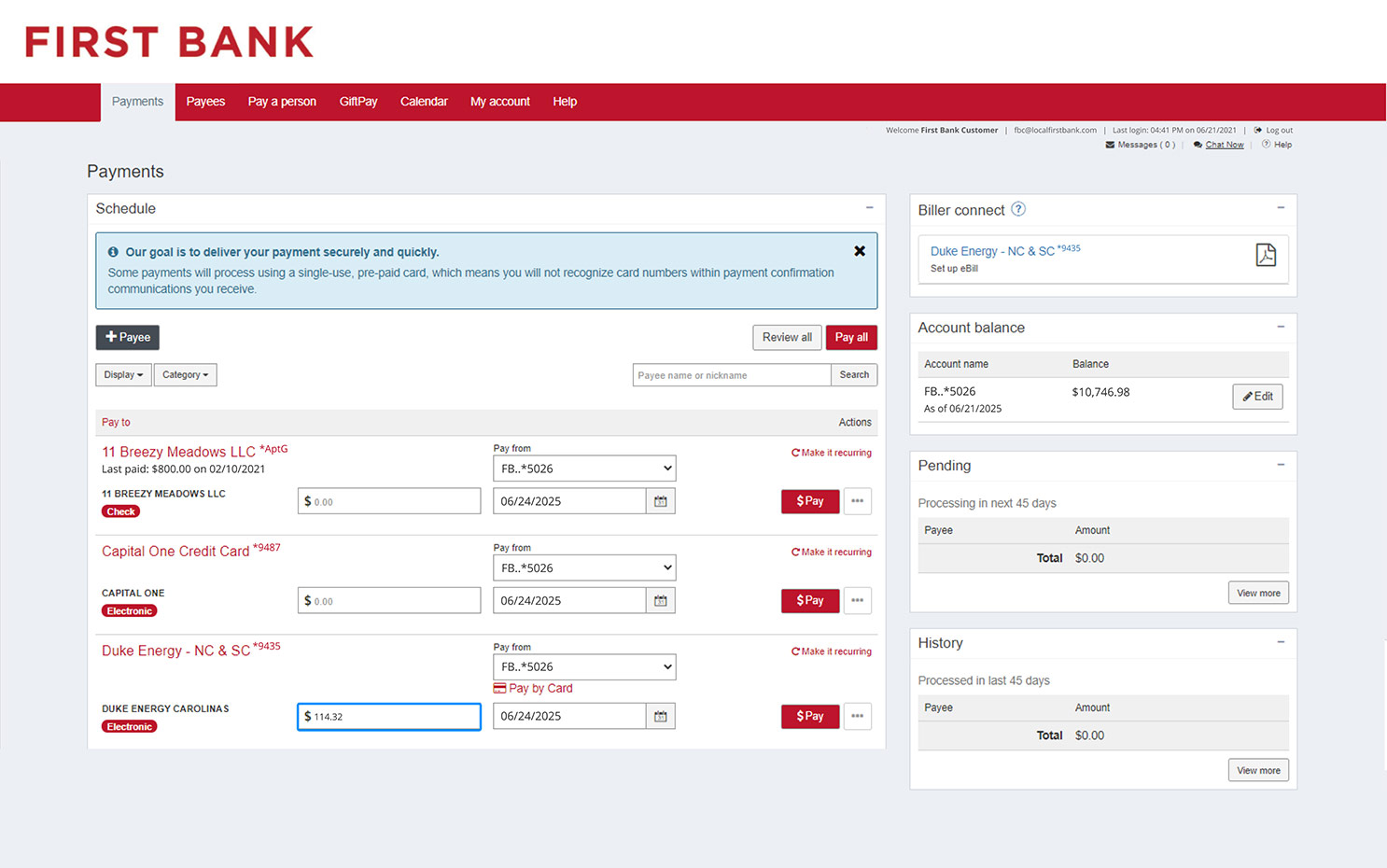 First Bank online banking screen highlighting the payment amount location.