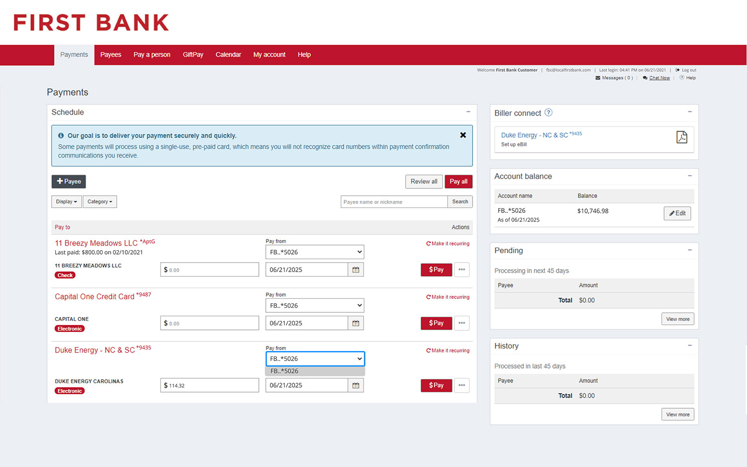 First Bank online banking screen highlighting the Pay from account dropdown.