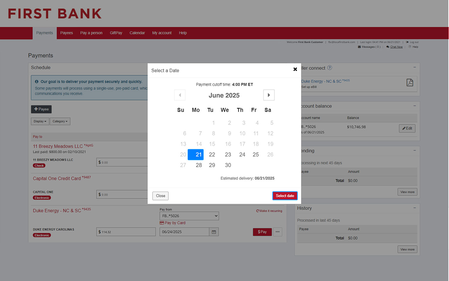 First Bank online banking screen showing the payment date picker.