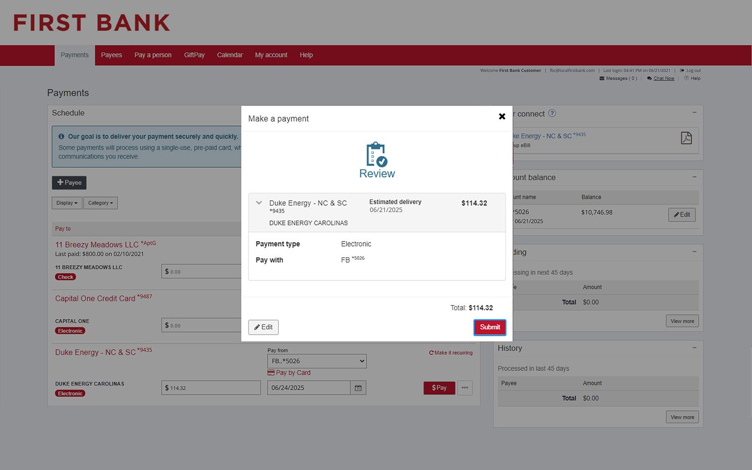 First Bank online banking screen showing the online bill payment review screen and highlighting the Submit button.